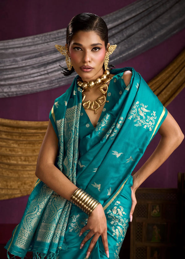 Teal Blue Satin Silk Saree