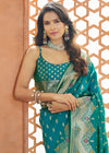 Teal Blue Woven Banarasi Soft Silk Saree