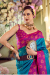 Teal Blue Woven Banarasi Soft Silk Saree