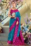 Teal Blue Woven Banarasi Soft Silk Saree