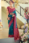 Teal Blue Woven Banarasi Soft Silk Saree With Contrast Blouse