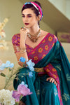 Teal Blue Woven Banarasi Soft Silk Saree With Contrast Blouse