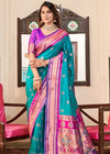 Teal Blue Woven Paithani Soft Silk Saree