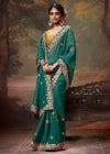 Teal Green Designer Organza Silk Saree With Contrast Blouse