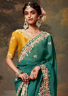 Teal Green Designer Organza Silk Saree With Contrast Blouse