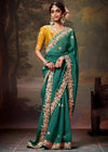 Teal Green Designer Organza Silk Saree With Contrast Blouse