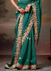 Teal Green Designer Organza Silk Saree With Contrast Blouse