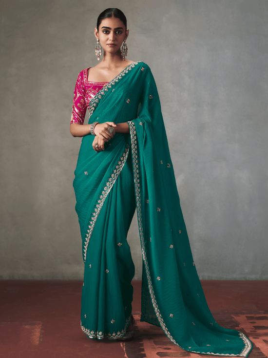 Teal Green Designer Tissue Silk Saree With Contrast Blouse