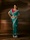 Teal Green Embroidered Designer Satin Silk Saree