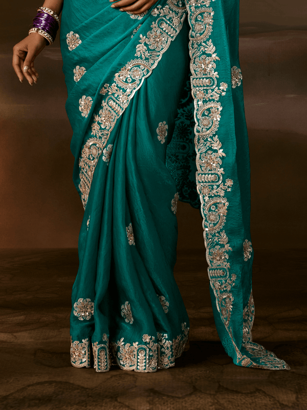 Teal Green Embroidered Designer Satin Silk Saree