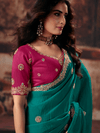 Teal Green Embroidered Designer Satin Silk Saree With Contrast Blouse