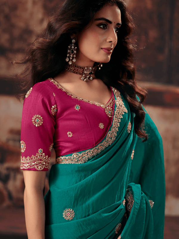Teal Green Embroidered Designer Satin Silk Saree With Contrast Blouse