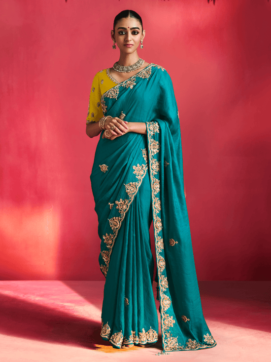 Teal Green Embroidered Designer Satin Silk Saree With Contrast Blouse