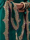 Teal Green Embroidered Designer Satin Silk Saree With Contrast Blouse