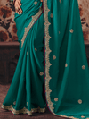 Teal Green Embroidered Designer Satin Silk Saree With Contrast Blouse