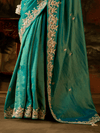 Teal Green Embroidered Designer Tissue Silk Saree With Contrast Blouse
