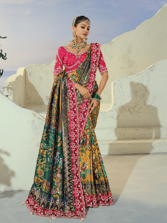 Teal Green Patola Silk Saree With Contrast Blouse