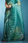 Teal Green Printed Tissue Silk Saree