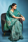 Teal Green Printed Tissue Silk Saree