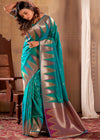 Teal Green Woven Banarasi Saree With Temple Border