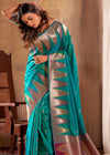 Teal Green Woven Banarasi Saree With Temple Border