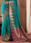 Teal Green Woven Banarasi Saree With Temple Border