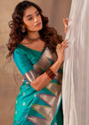 Teal Green Woven Banarasi Saree With Temple Border