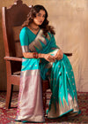 Teal Green Woven Banarasi Saree With Temple Border