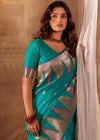 Teal Green Woven Banarasi Saree With Temple Border