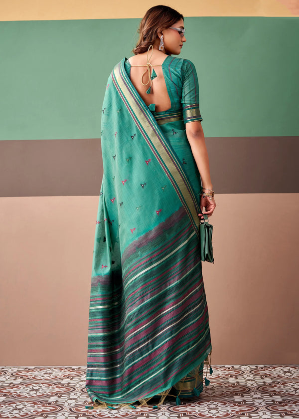 Jade Green Woven Designer Cotton Saree