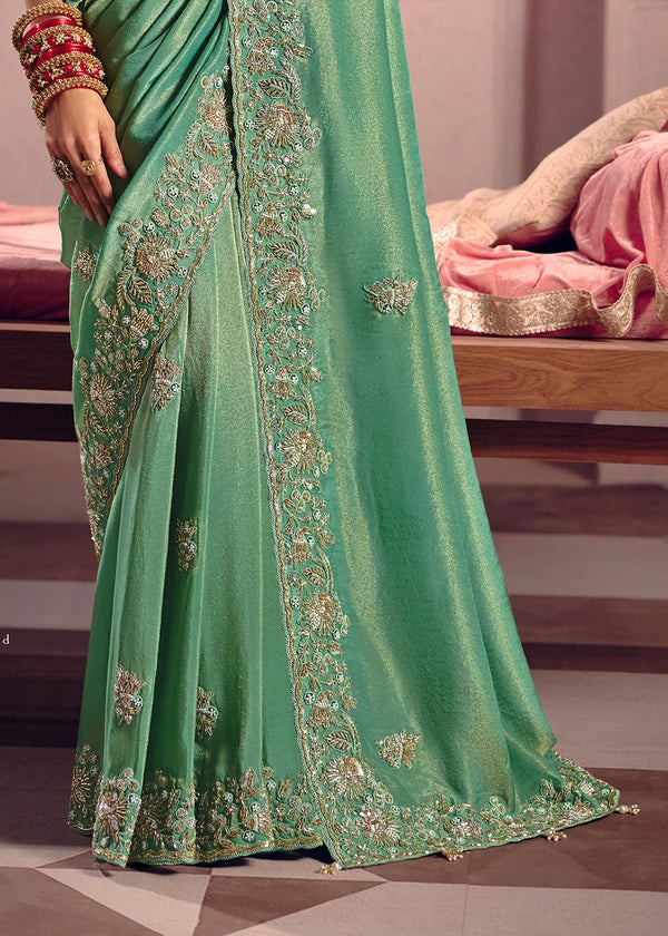 Teal Green Zari Tissue Designer Embroidered Saree