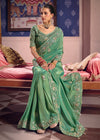 Teal Green Zari Tissue Designer Embroidered Saree