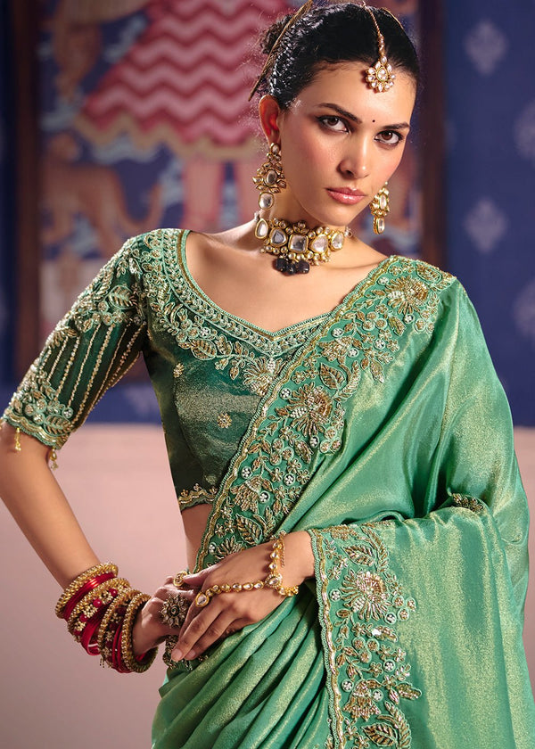 Teal Green Zari Tissue Designer Embroidered Saree