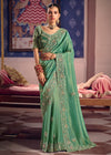 Teal Green Zari Tissue Designer Embroidered Saree
