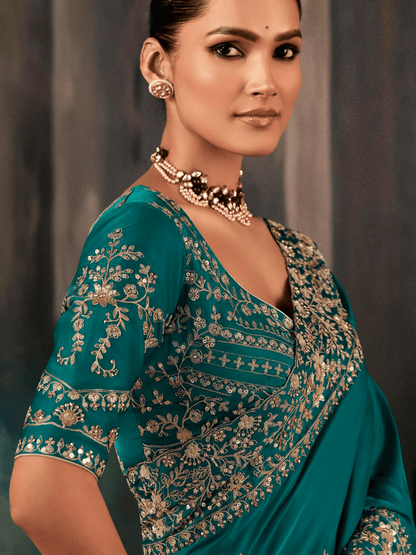 Teal Satin Silk Saree