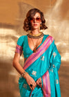 Tiffany Blue Handloom Woven Satin Silk Saree