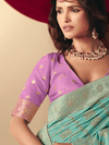 Turquoise Banarasi Silk Saree With Contrast Blouse