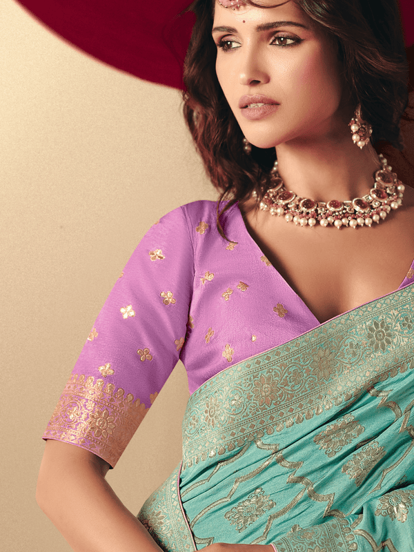 Turquoise Banarasi Silk Saree With Contrast Blouse