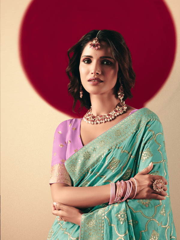 Turquoise Banarasi Silk Saree With Contrast Blouse