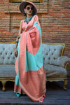 Turquoise Blue and Peach Soft Silk Saree