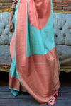 Turquoise Blue and Peach Soft Silk Saree