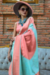 Turquoise Blue and Peach Soft Silk Saree