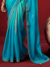 Turquoise Blue Banarasi Dola Silk Saree With Contrast Blouse