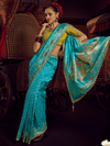 Turquoise Blue Banarasi Dola Silk Saree With Contrast Blouse