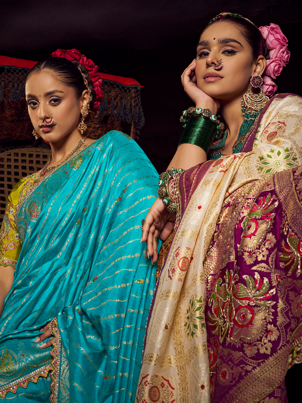 Turquoise Blue Banarasi Dola Silk Saree With Contrast Blouse