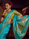 Turquoise Blue Banarasi Dola Silk Saree With Contrast Blouse