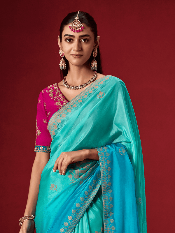 Turquoise Blue Banarasi Dola Silk Saree With Contrast Blouse