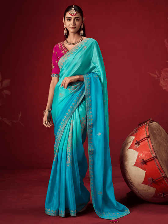 Turquoise Blue Banarasi Dola Silk Saree With Contrast Blouse