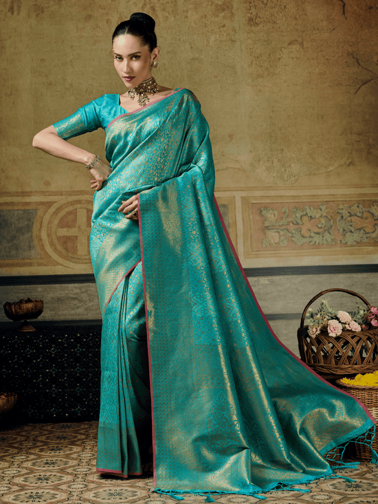 Turquoise Blue Banarasi Soft Silk Saree