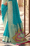 Turquoise Blue Banarasi Soft Silk Saree With Gold Zari